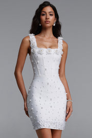 Krome Elegant Fitted Square Neck Floral Pearl Embellished Bandage White Mini Dress